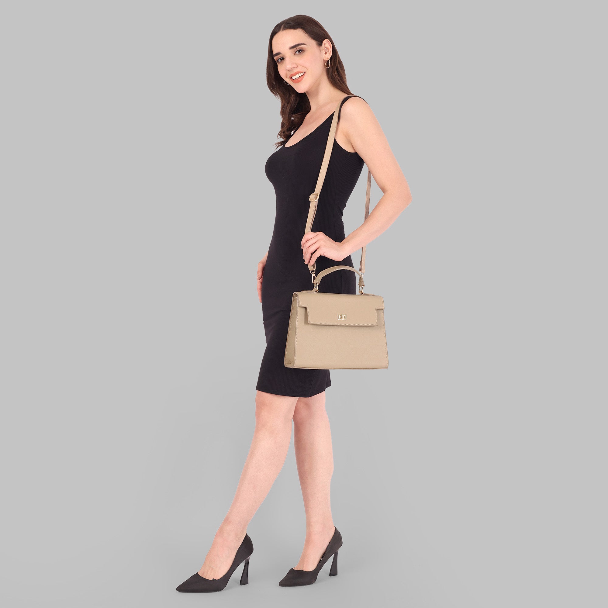 Beige Satchel Handbag with Detachable sSling
 – White Lily