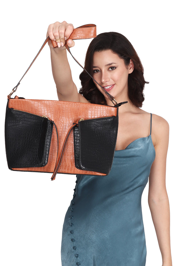 Mia Satchel - Black on Tan Croco