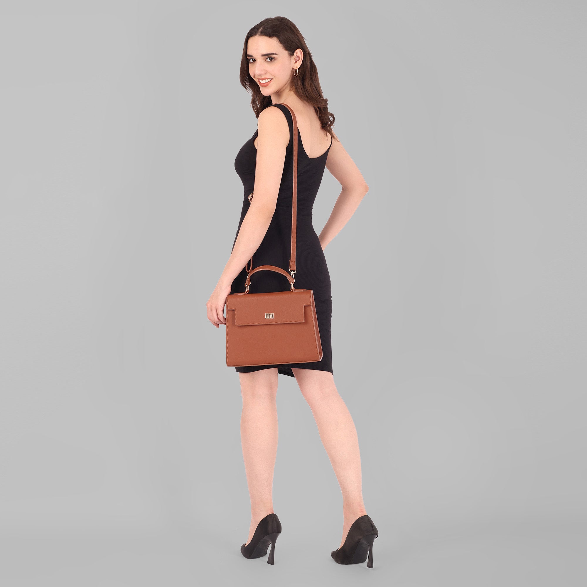 Structured Tan Satchel Handbag with Top Handle and Detachable Sling Online India