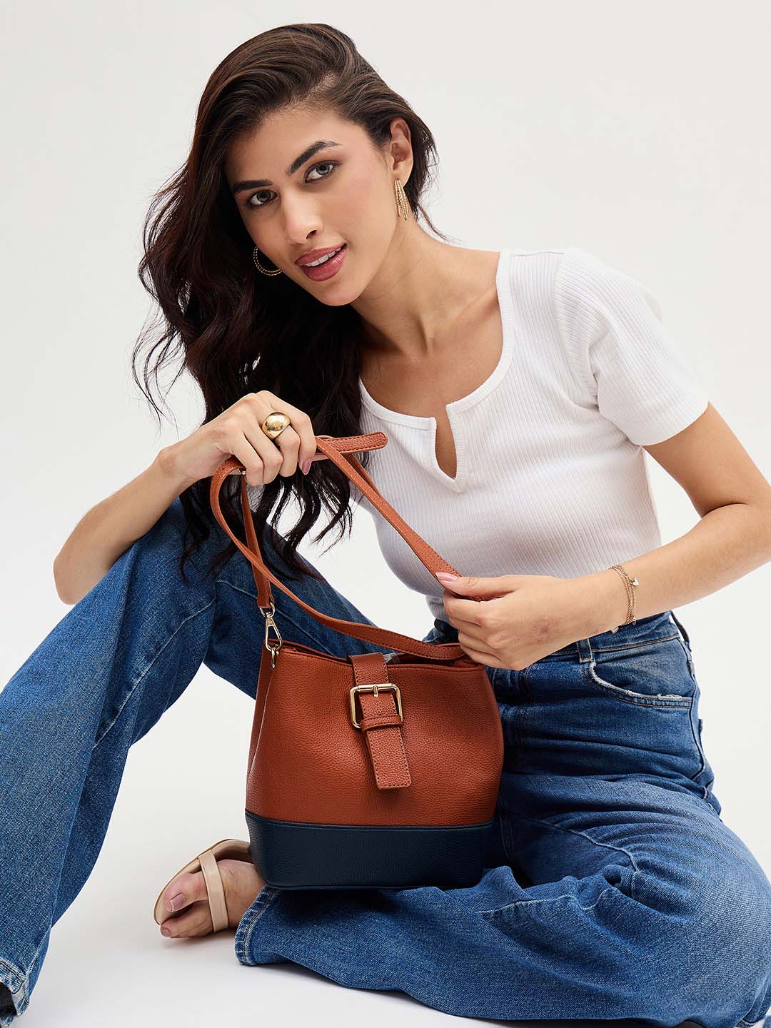 Tan and Navy Bucket Bag