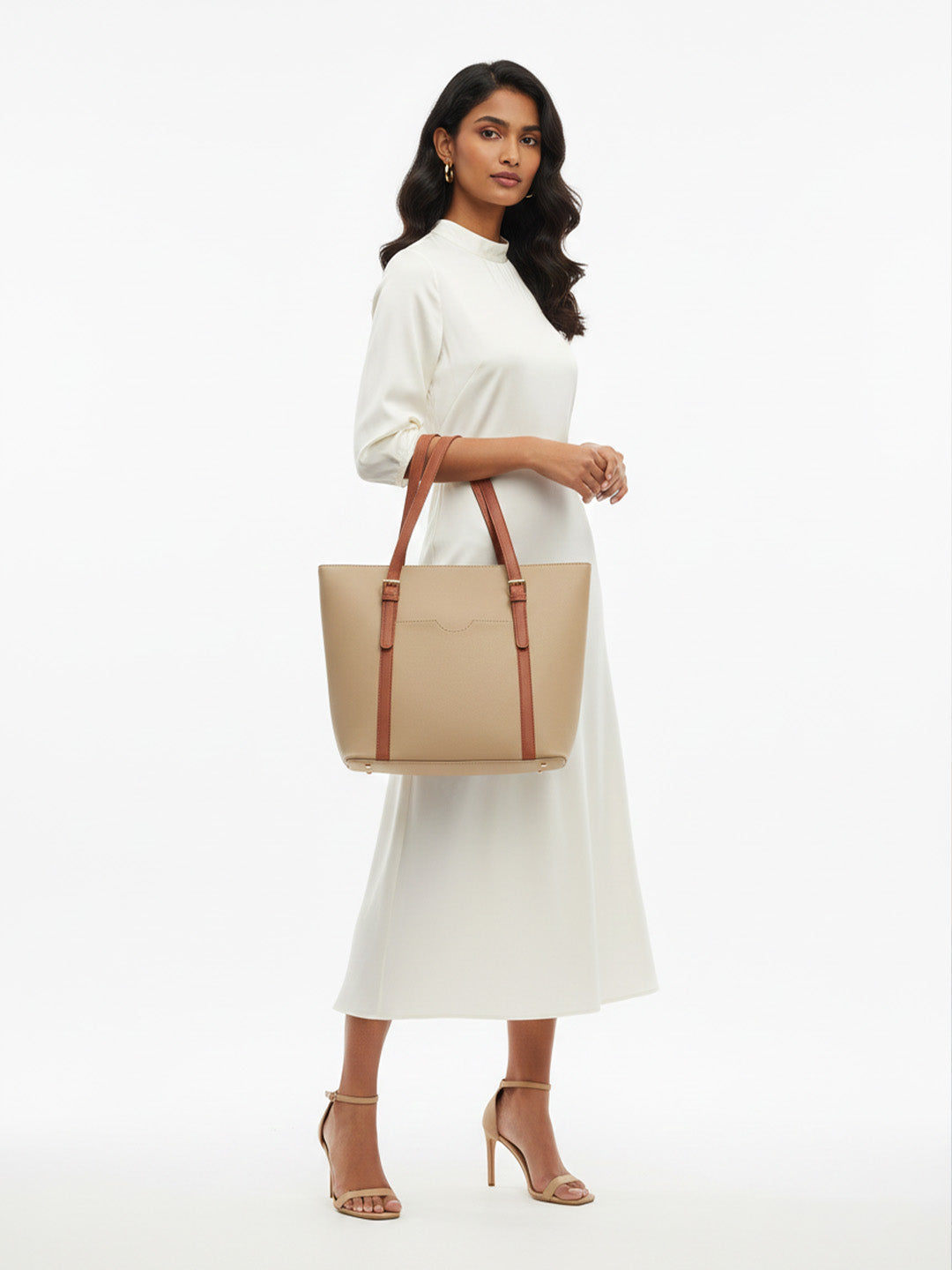Beige & Tan Structured Tote Bag