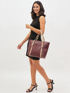 Burgundy & Beige Structured Tote Bag