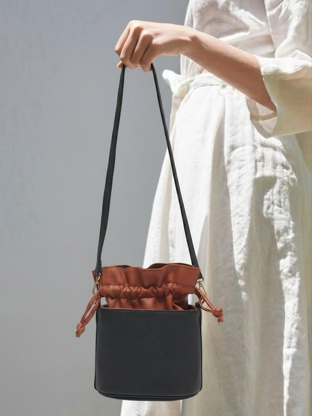 Blue and Cognac Two-Tone Drawstring Bucket Bag