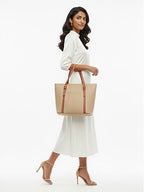 Beige & Tan Structured Tote Bag
