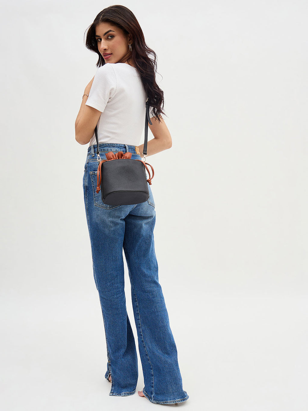 Blue and Cognac Two-Tone Drawstring Bucket Bag