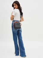 Blue and Cognac Two-Tone Drawstring Bucket Bag