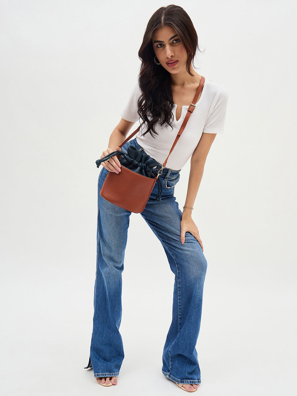 Tan and Navy Two-Tone Drawstring Bucket Bag