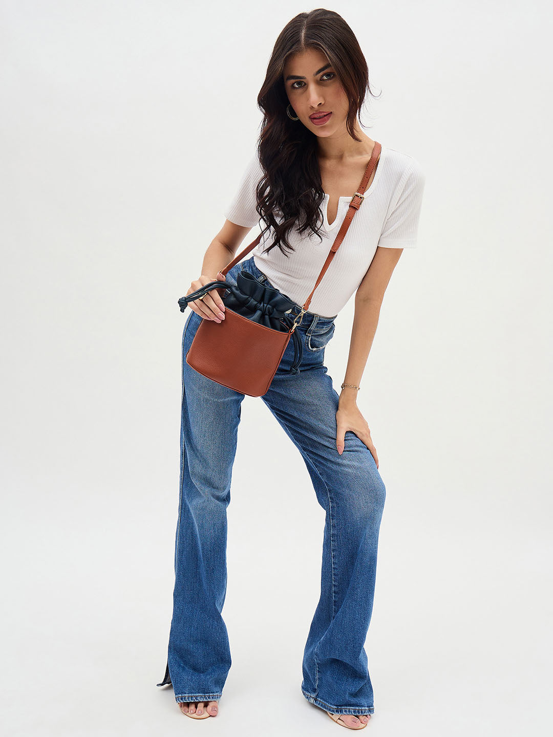 Tan and Navy Two-Tone Drawstring Bucket Bag