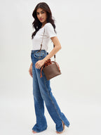 Brown and Cognac Two-Tone Drawstring Bucket Bag