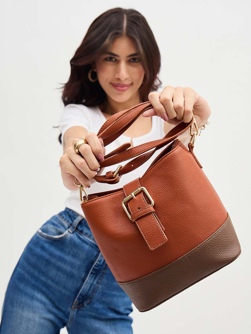 Cognac & Chocolate Brown Bucket Bag