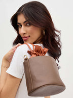 Brown and Cognac Two-Tone Drawstring Bucket Bag