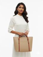 Beige & Tan Structured Tote Bag