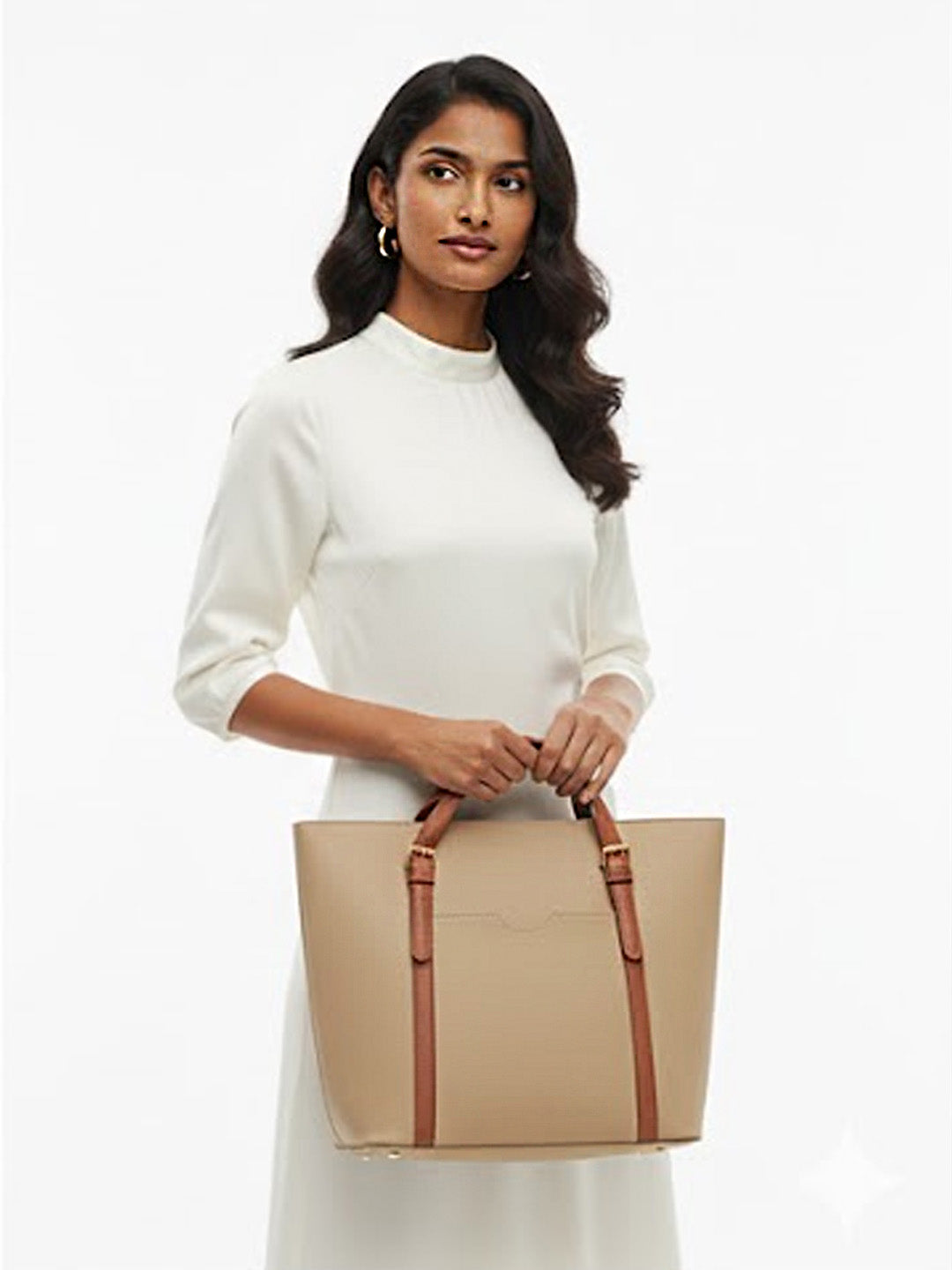 Beige & Tan Structured Tote Bag