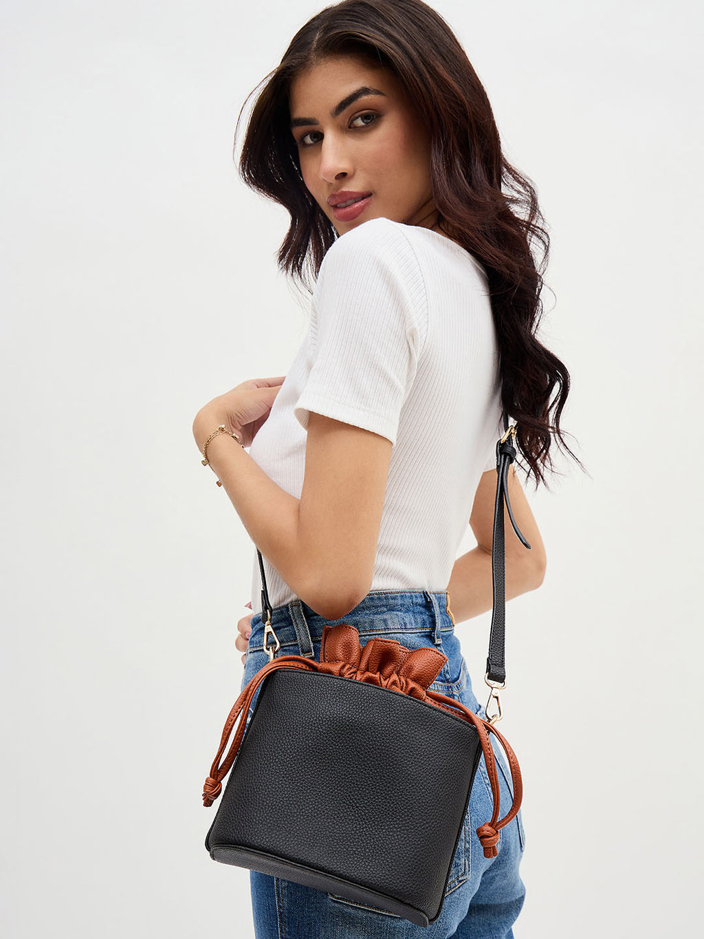 Blue and Cognac Two-Tone Drawstring Bucket Bag