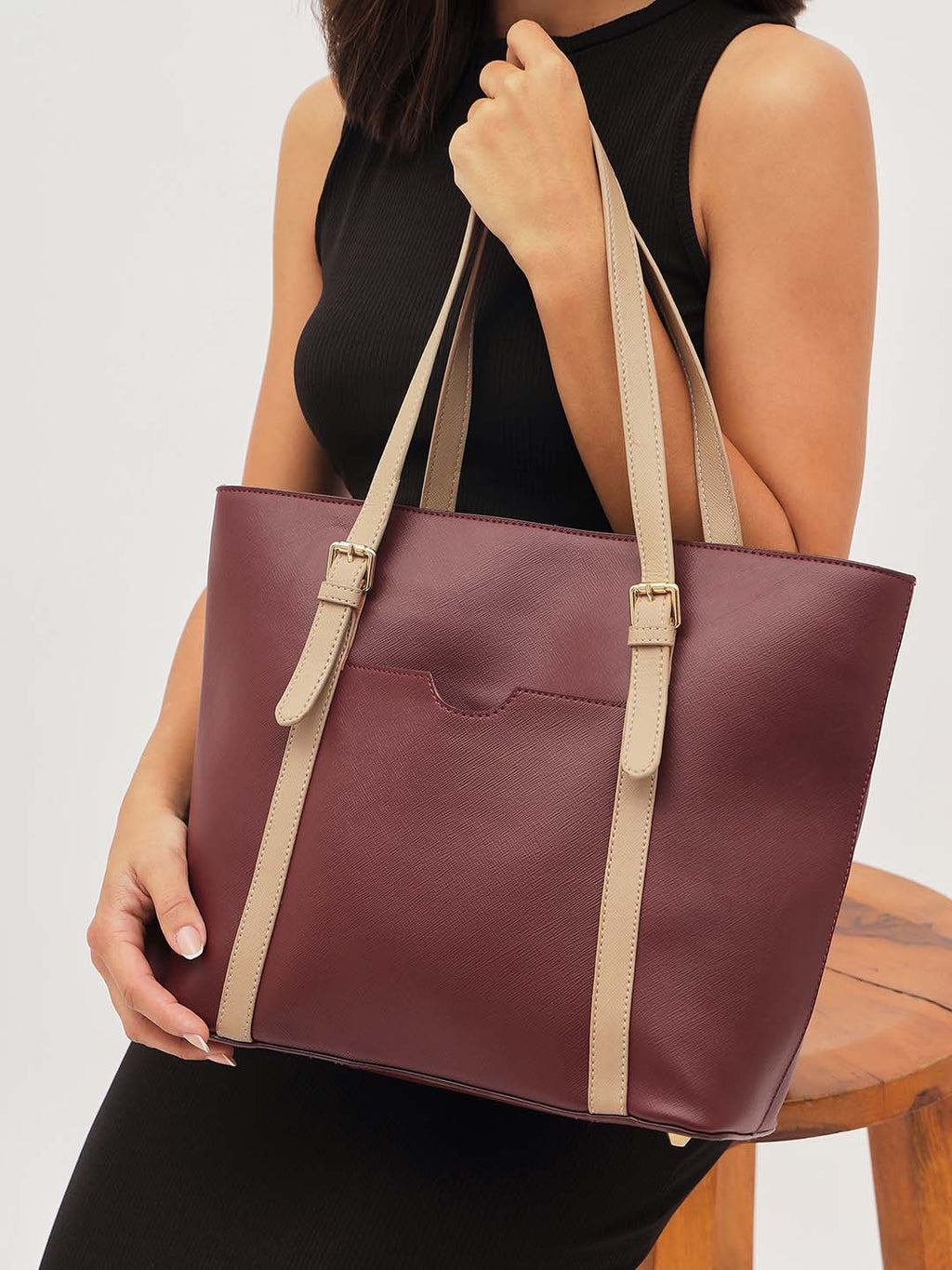 Burgundy & Beige Structured Tote Bag