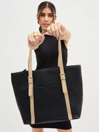 Black & Beige Structured Tote Bag