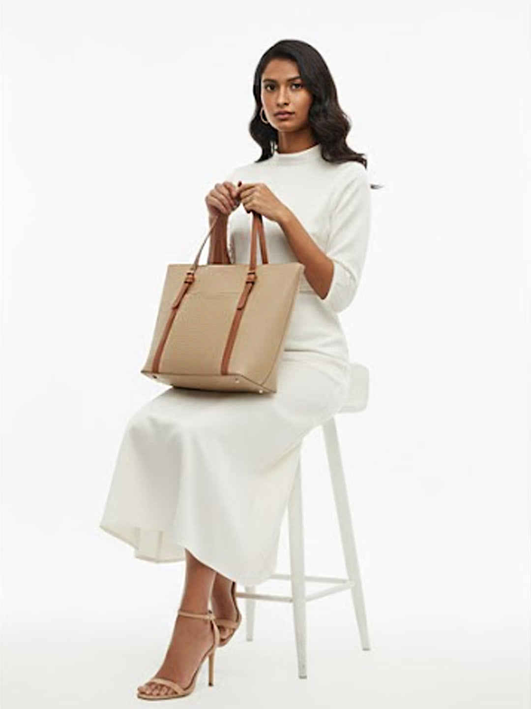 Beige & Tan Structured Tote Bag