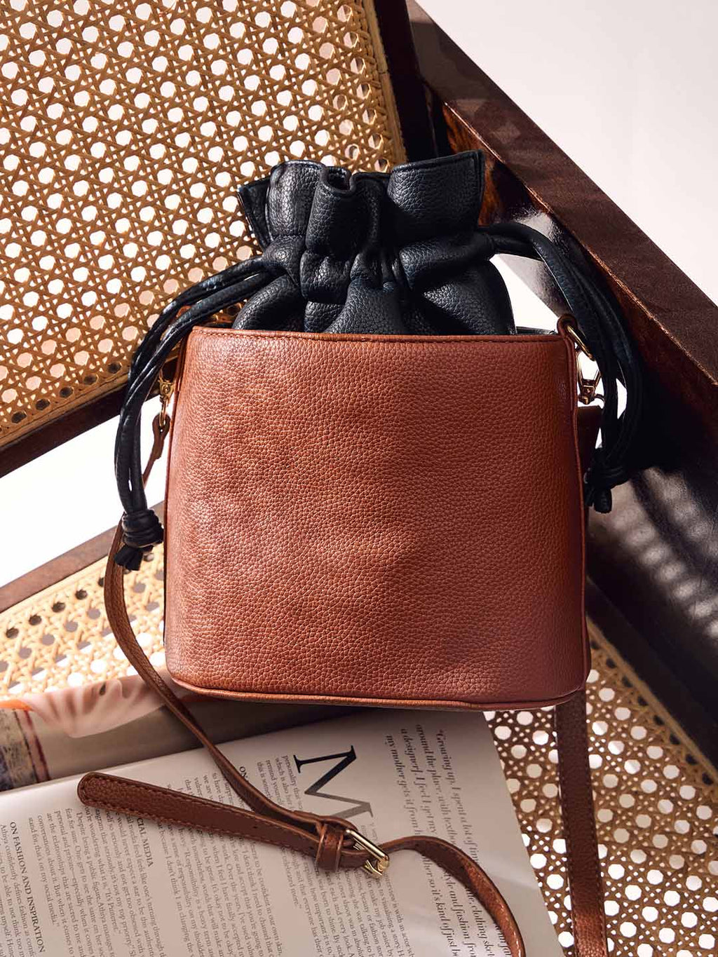 Tan and Navy Two-Tone Drawstring Bucket Bag