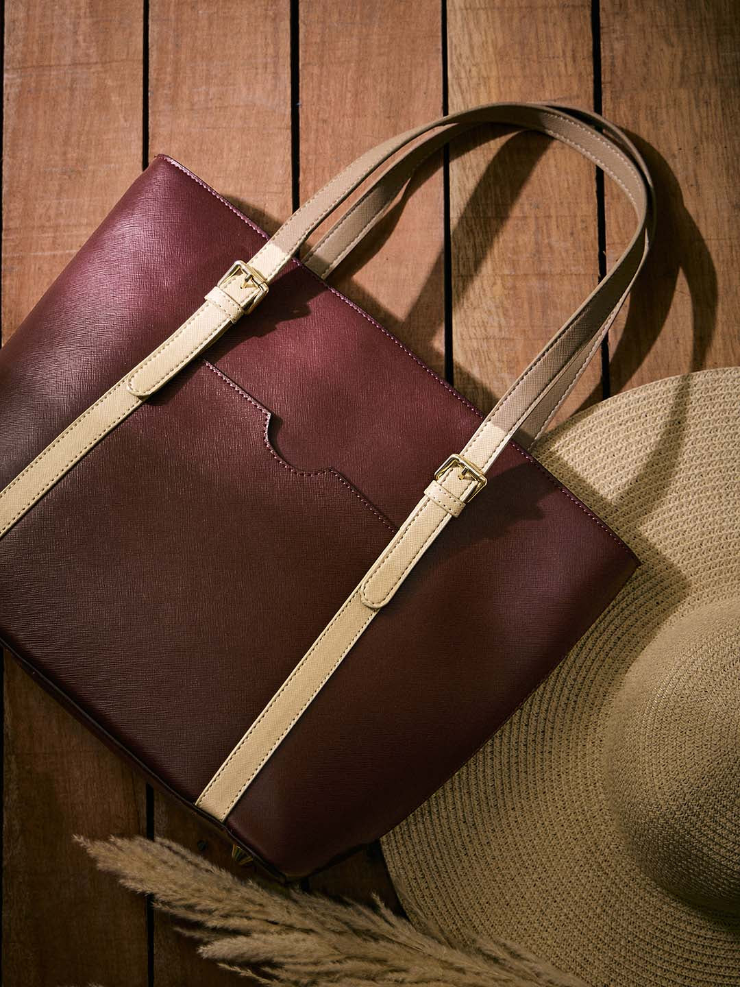 Burgundy & Beige Structured Tote Bag
