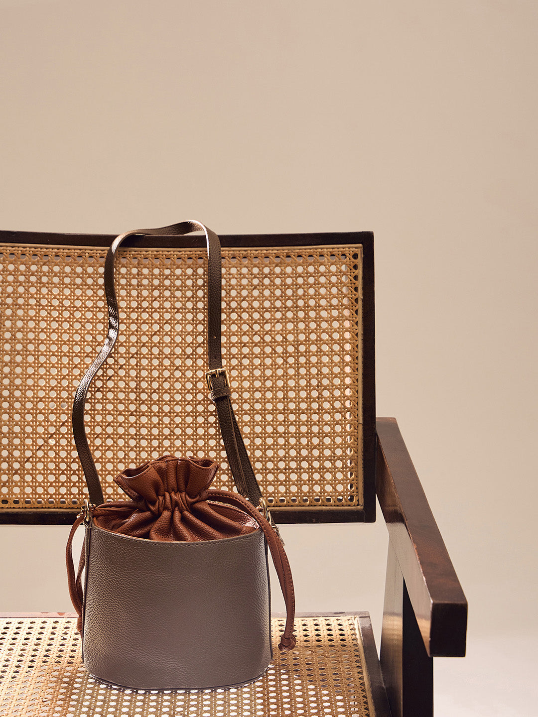 Brown and Cognac Two-Tone Drawstring Bucket Bag