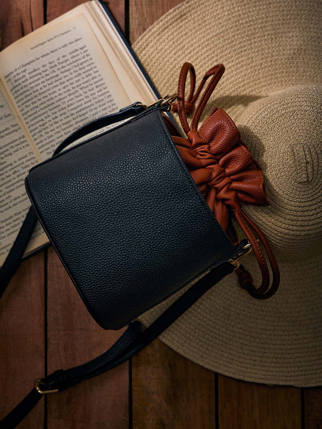 Blue and Cognac Two-Tone Drawstring Bucket Bag