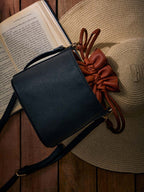 Blue and Cognac Two-Tone Drawstring Bucket Bag