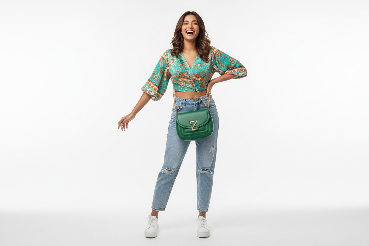 remove the shopping bags in her right hand